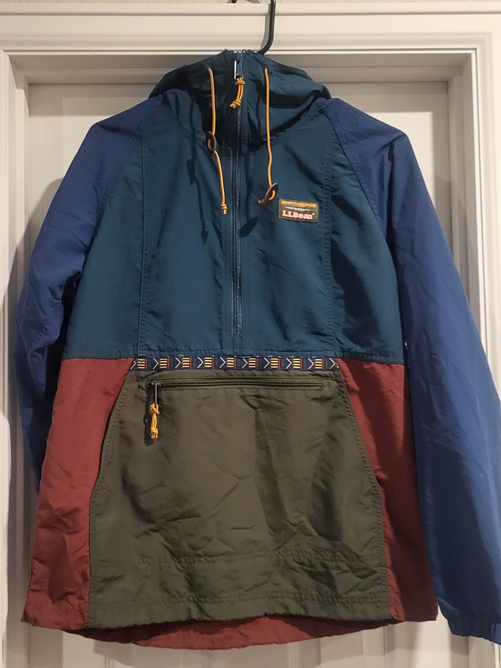 L.L. Bean Colorblock Hooded Windbreaker in Teal, Blue, Olive & Rust